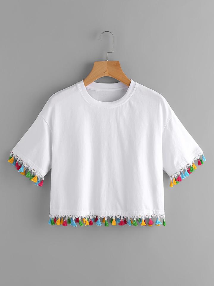 Romwe Colorful Tassel Trim Crop Tee