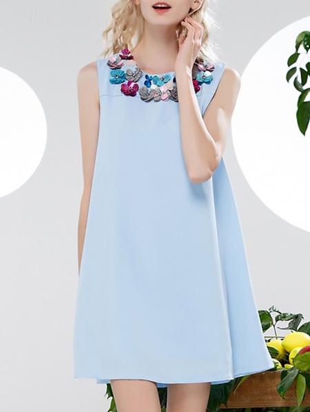 Romwe Blue Applique Pouf Shift Dress