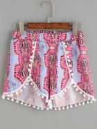 Romwe Pink Paisley Print Pom Pom Asymmetric Shorts