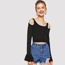 Romwe Cold Shoulder Flounce Sleeve Crop Sweater