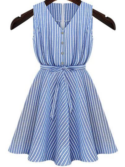 Romwe Blue V Neck Belt Striped Dress