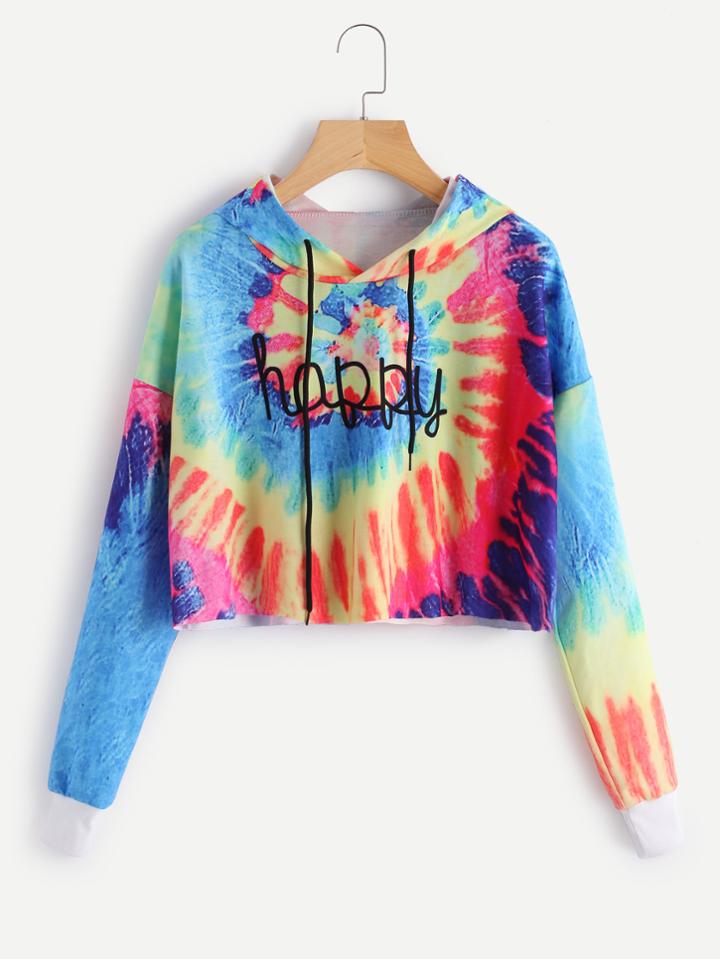 Romwe Drop Shoulder Letter Print Water Color Crop Hoodie