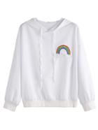 Romwe White Drop Shoulder Rainbow Embroidered Patch Hooded Sweatshirt