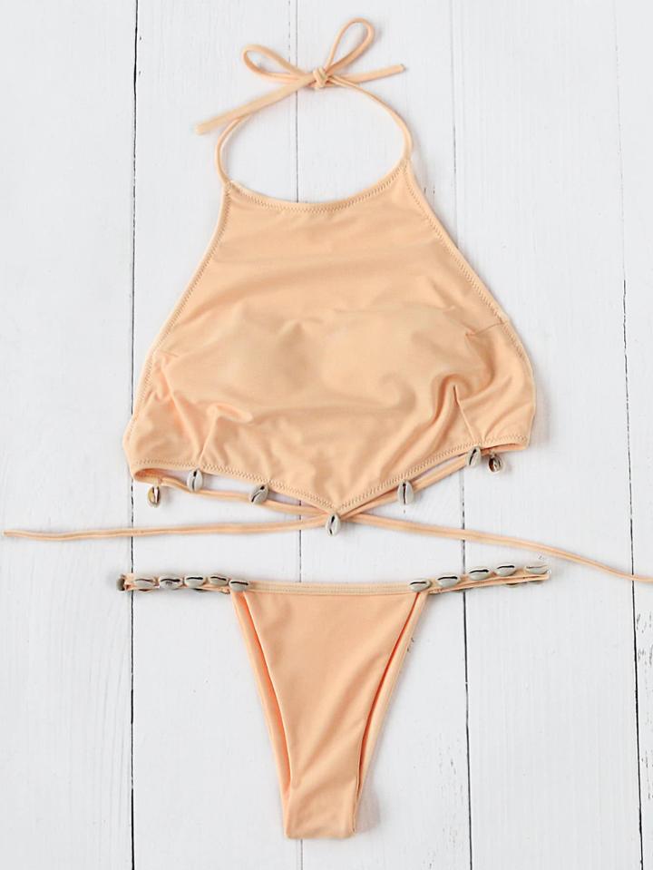 Romwe Shell Detail Halter Bikini Set
