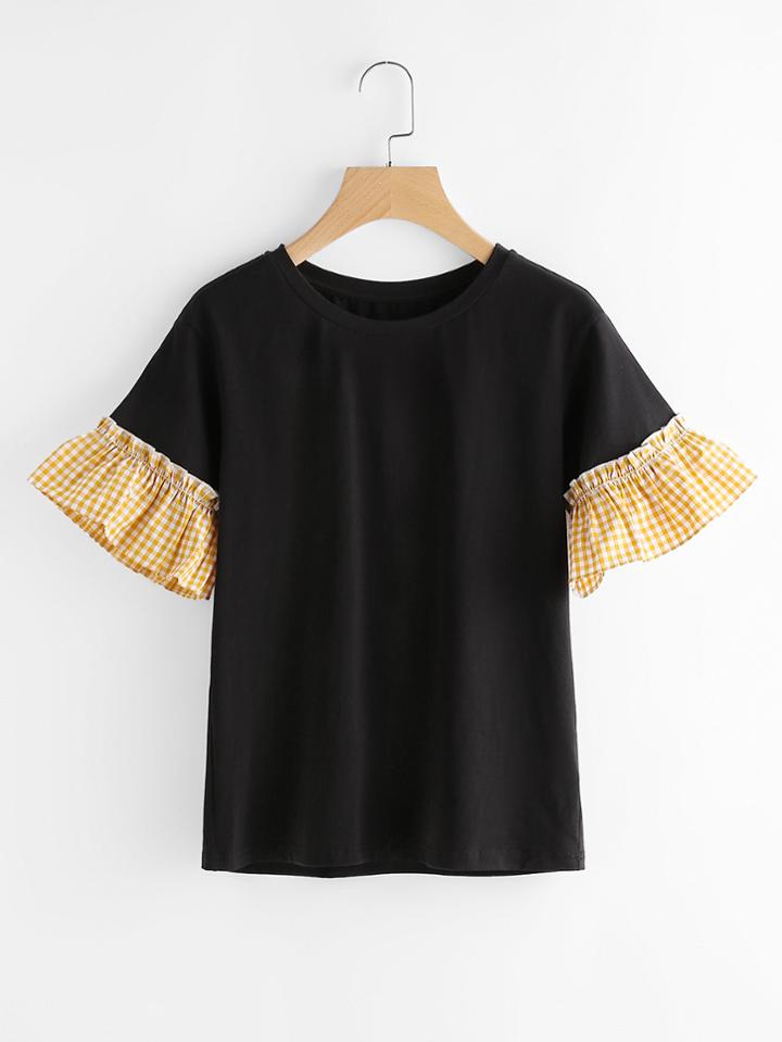 Romwe Gingham Ruffle Sleeve T-shirt