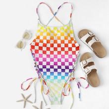 Romwe Checker Tie Side Criss Cross Backless Monokini