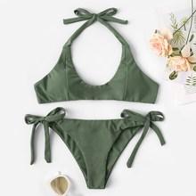Romwe Seam Halter Top With Tie Side Bikini Set