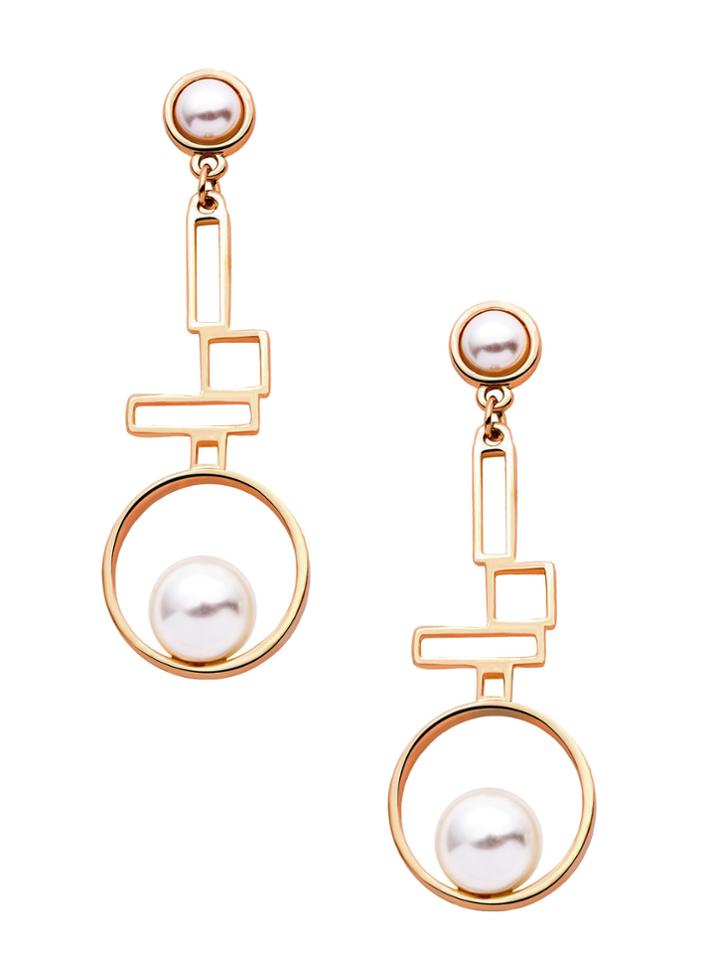 Romwe Gold Hollowed Geo Circle Faux Pearl Drop Earrings