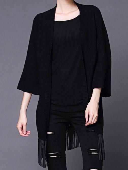 Romwe 3/4 Sleeve Tassel Black Cardigan