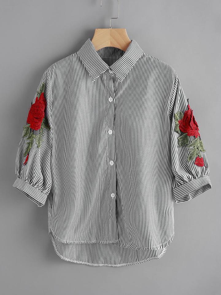Romwe Pinstripe Rose Embroidered Appliques Shirt