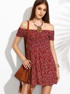 Romwe Red Floral Print Off The Shoulder Flare Dress