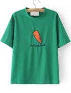 Romwe Carrot Letter Embroidered Green T-shirt