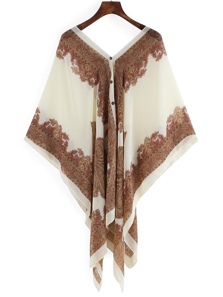 Romwe Paisley Print Front Buttoned Poncho Blouse
