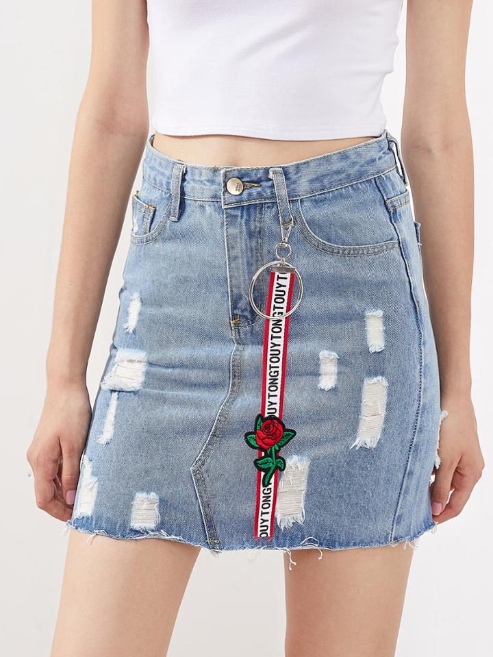 Romwe Destroyed Raw Hem Denim Skirt With Detachable Hook Strap