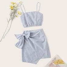 Romwe Pinstripe Shirred Back Cami Top & Knot Overlap Skirt Set