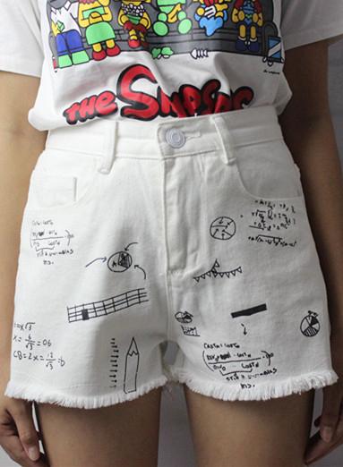 Romwe Graffiti Print Fringe Denim Shorts