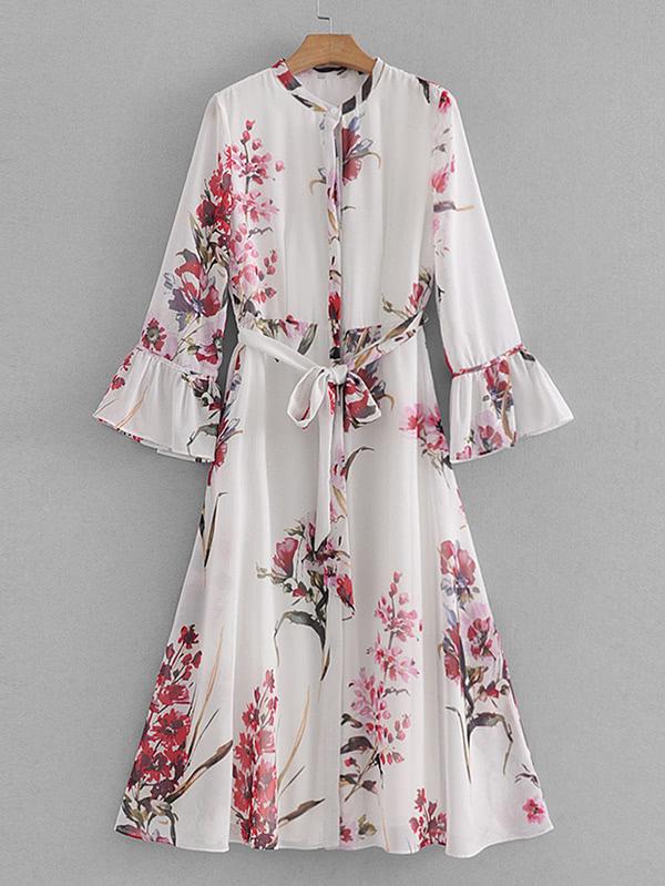 Romwe Flounce Sleeve Floral Chiffon Dress With Belt