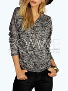 Romwe Grey Long Sleeve V Neck Zipper Sweater