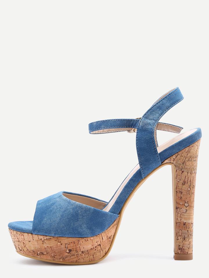 Romwe Light Blue Denim Ankle Strap Cork Platform Sandals