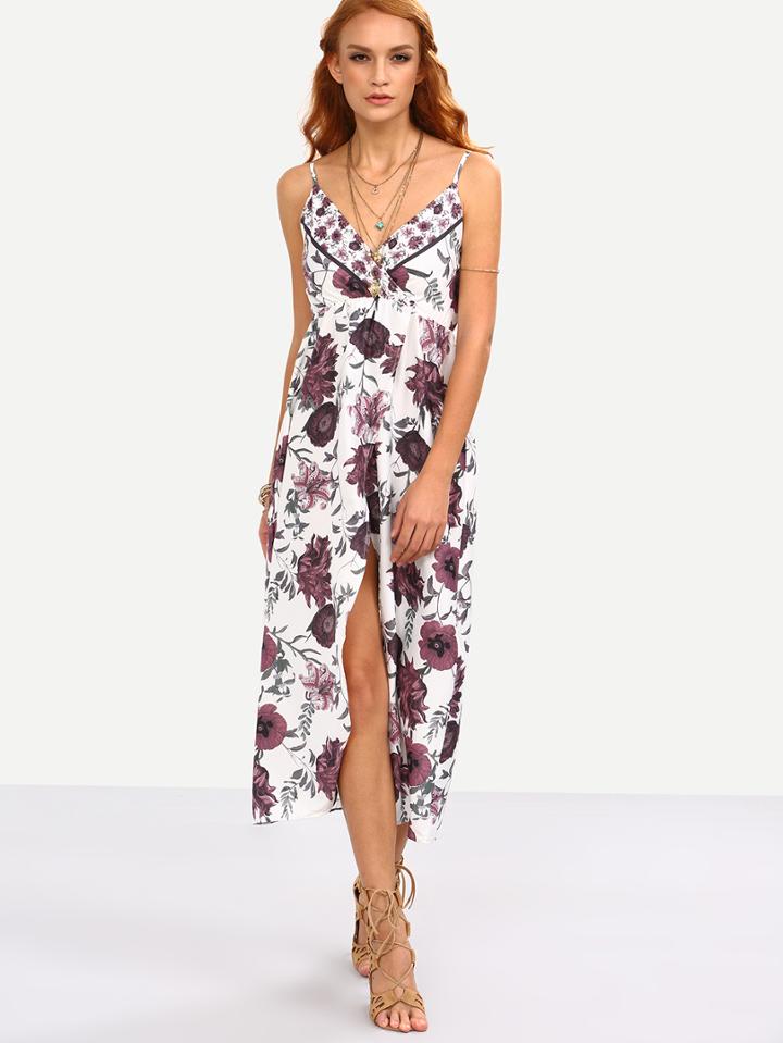 Romwe Surplice Front High Slit Multicolor Flower Print Cami Dress