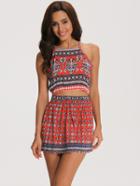 Romwe Halter Backless Vintage Print Crop Top With Skirt