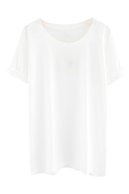 Romwe Rolled-cuffs Basic White T-shrt