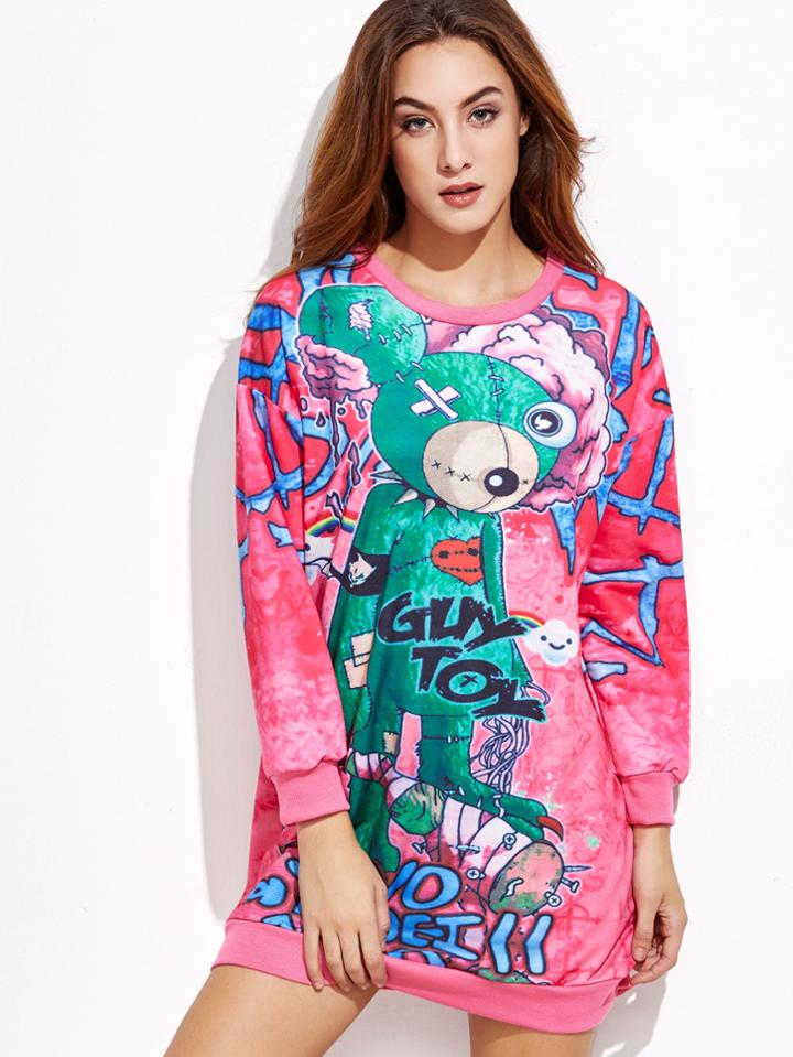 Romwe Cartoon Print Long Sleeve Sweatshirt Dress