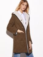 Romwe Brown Dual Pocket Front Faux Shearling Hooded Coat