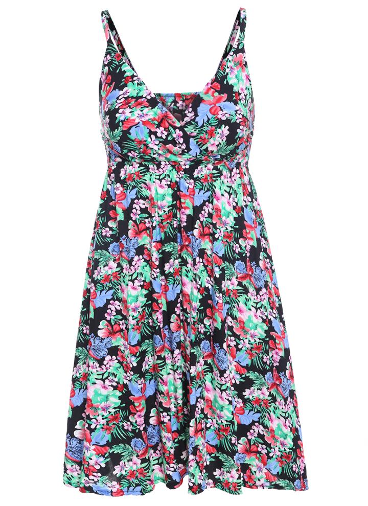 Romwe Deep Plunge Neck Florals Dress