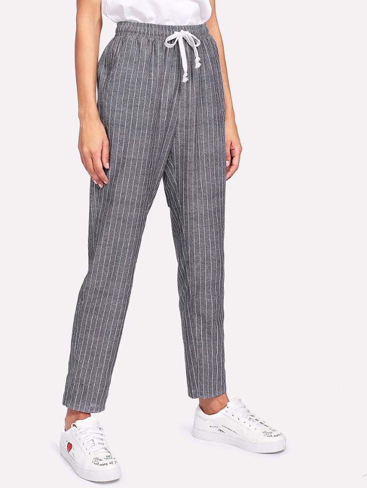 Romwe Drawstring Waist Pinstripe Tapered Pants
