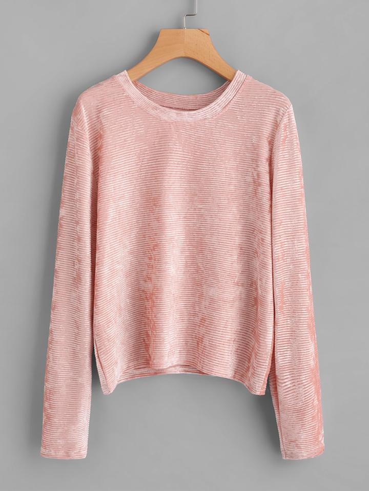 Romwe Velvet Round Neck Ribbed T-shirt
