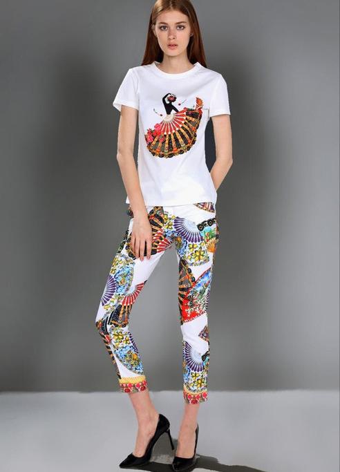 Romwe Short Sleeve Top With Fans Print Pant