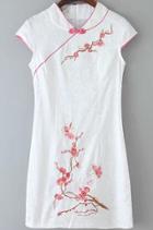 Romwe Cap Sleeve With Button Embroidered White Dress