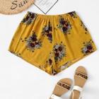 Romwe Floral Print Ruched Waist Shorts