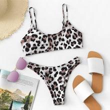 Romwe Leopard Top With High Leg Bikini Set