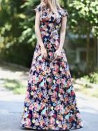 Romwe V Neck Florals Maxi A-line Navy Dress