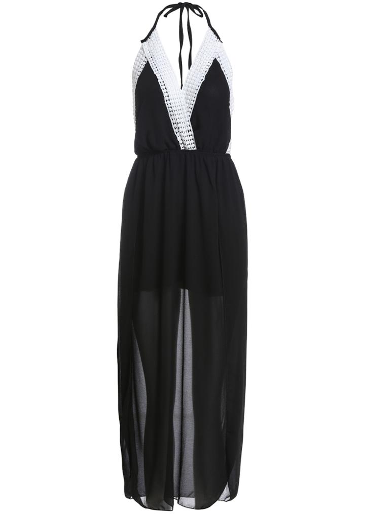 Romwe Halter Deep V Neck Backless Chiffon Dress