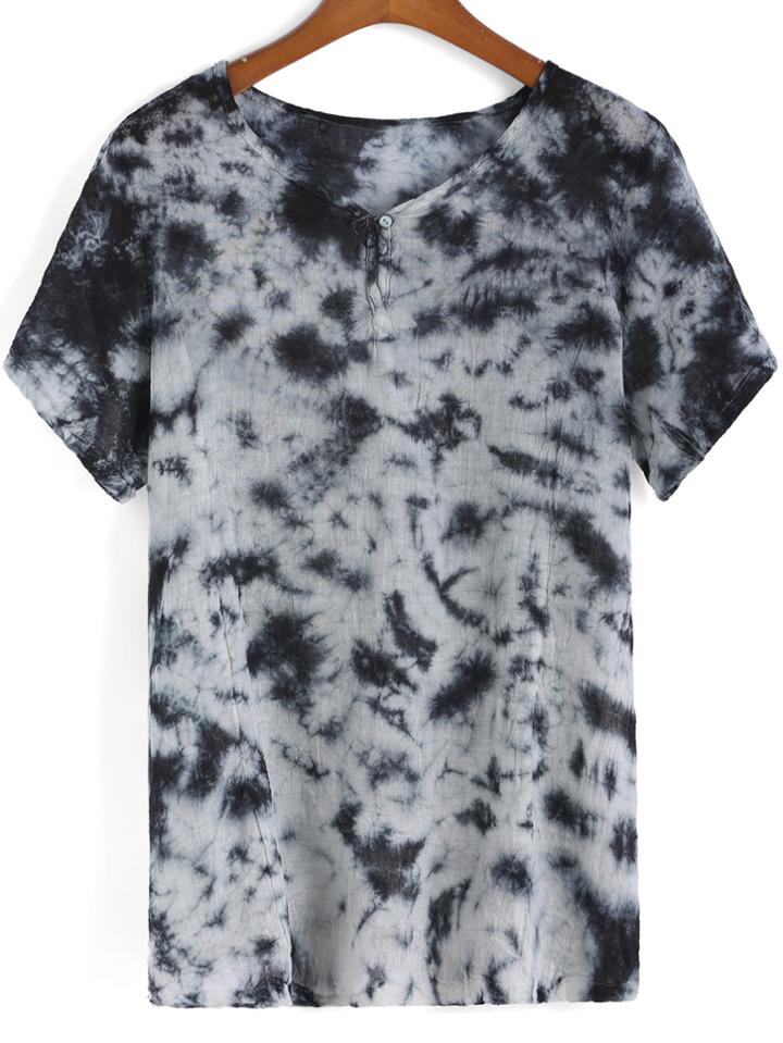 Romwe With Button Tie-dye T-shirt