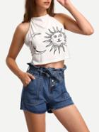 Romwe Blue With Belt Single Breasted Denim Shorts