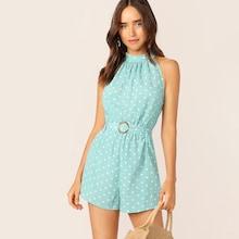 Romwe Plicated Detail Buckle Belted Halter Romper