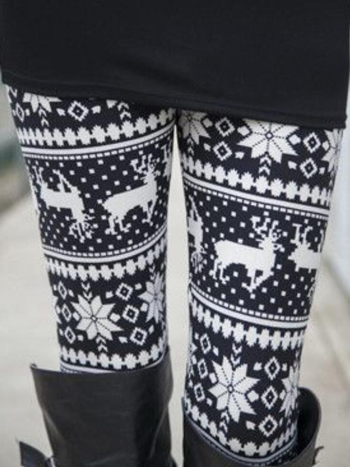Romwe Black White Elastic Waist Deer Print Leggings