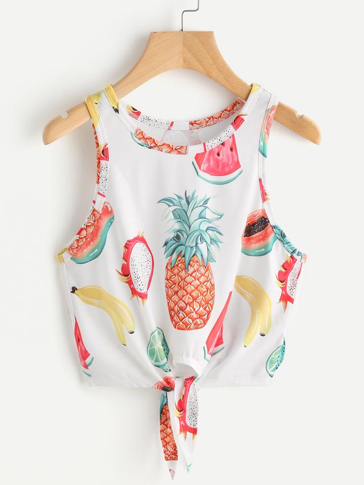 Romwe Fruit Print Knot Front Tank Top