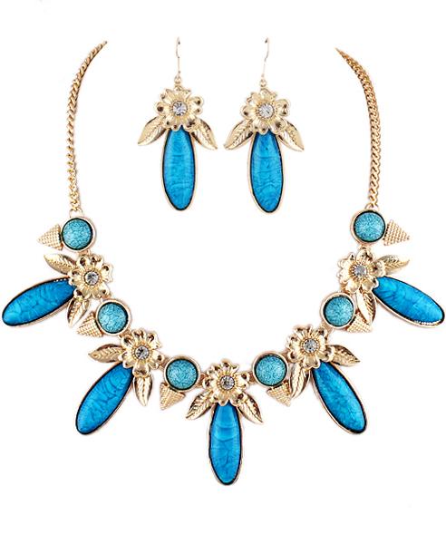 Romwe Blue Gemstone Gold Flowers Necklace With Earrings