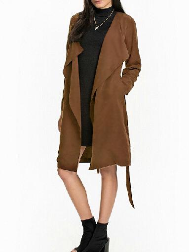 Romwe Belt Drape Front Pockets Coffee Coat