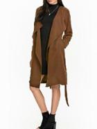 Romwe Belt Drape Front Pockets Coffee Coat