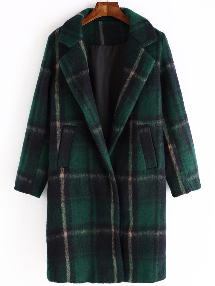 Romwe Women Lapel Plaid Long Coat