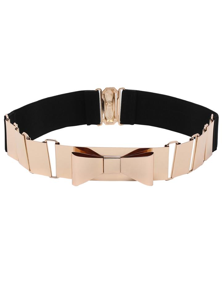 Romwe Metal Bow Interlock Buckle Black Elastic Belt