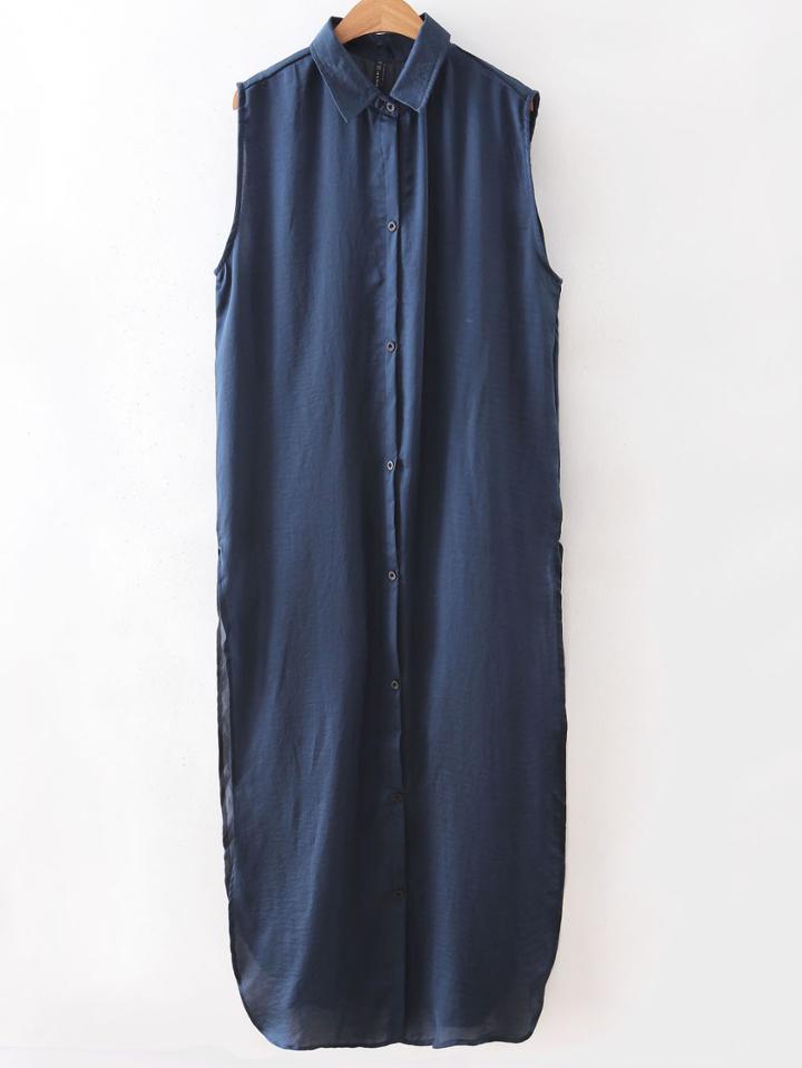 Romwe Navy Sleeveless Lapel Embroidery Shirt Dress
