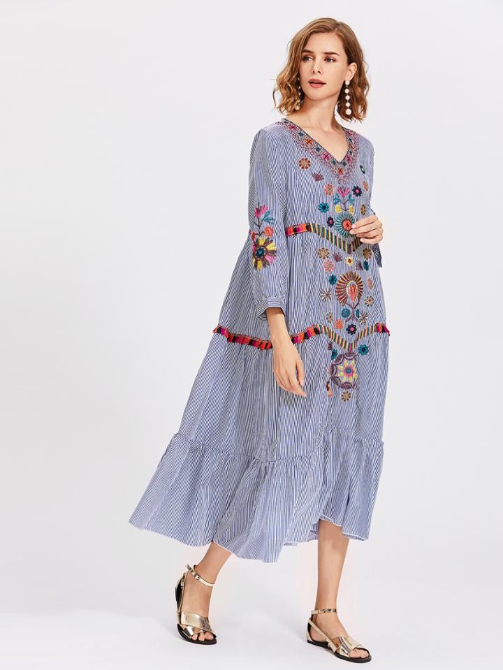Romwe Vertical Striped Flower Embroidered Frill Hem Dress