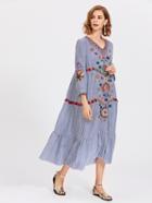 Romwe Vertical Striped Flower Embroidered Frill Hem Dress